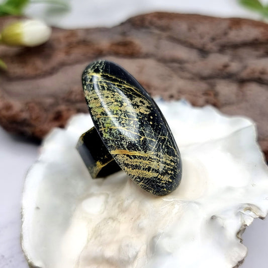 Stylish Oval Polymer Clay Gold & Black Ring