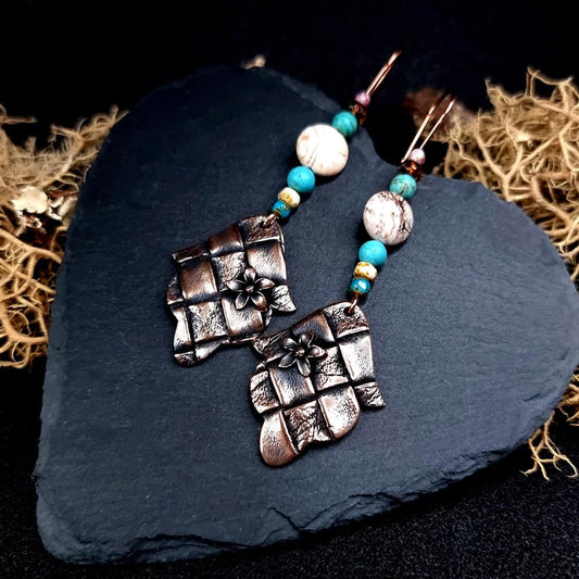 Bronze Earrings with Leather Print and flowers Earrings SweetyBijou Jewelry   