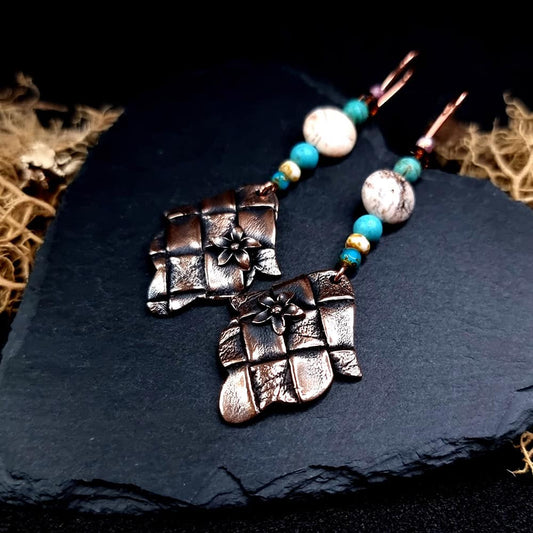 Bronze Earrings with Leather Print and flowers Earrings SweetyBijou Jewelry Default Title  