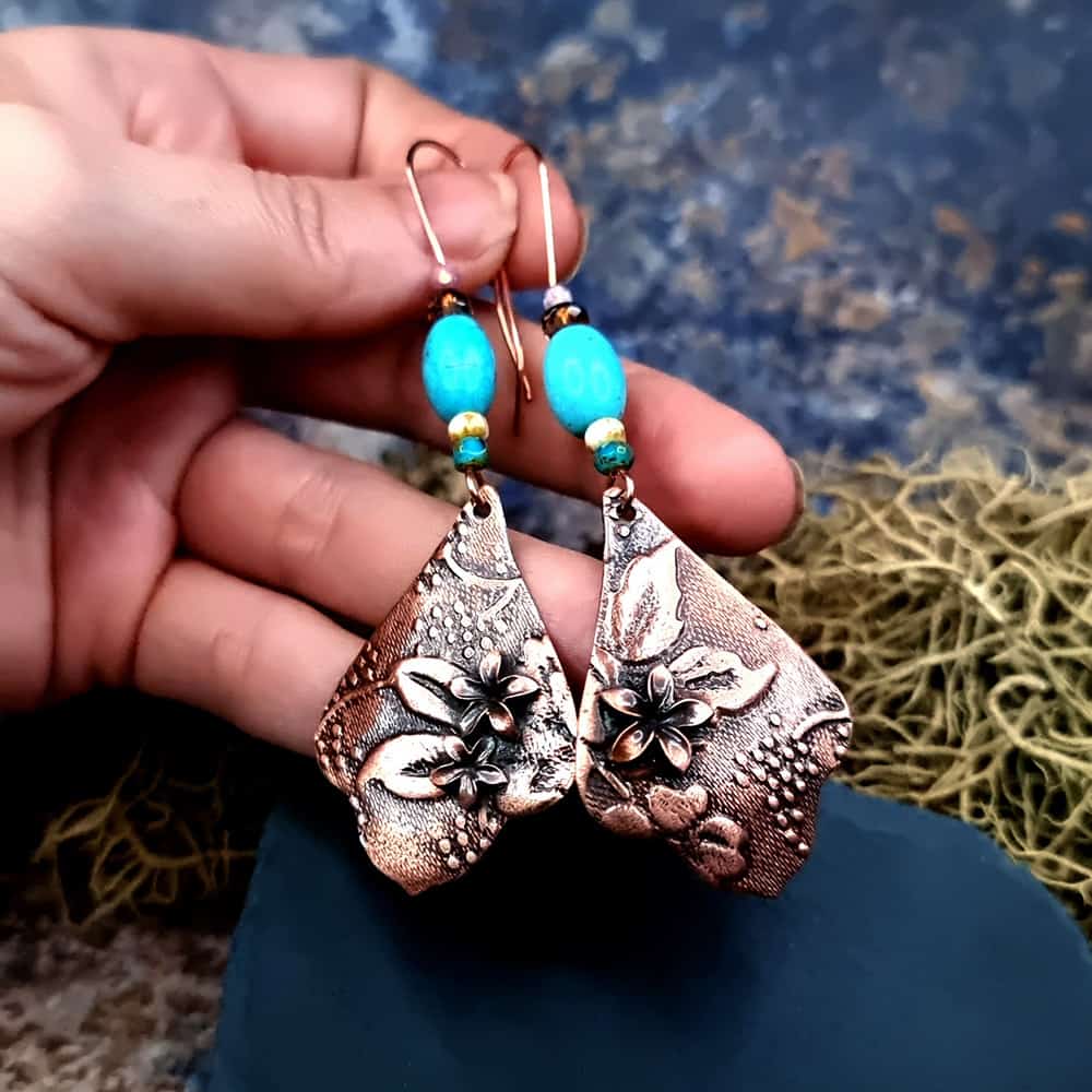 Amazing Copper Long Earrings with Flowers Earrings SweetyBijou Jewelry   